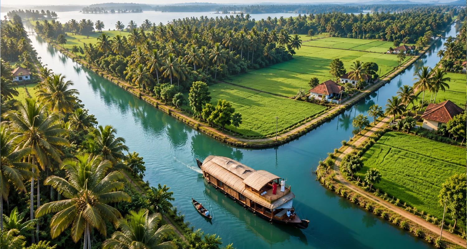 Traditional houseboat cruising through Alappuzha backwaters in Kerala