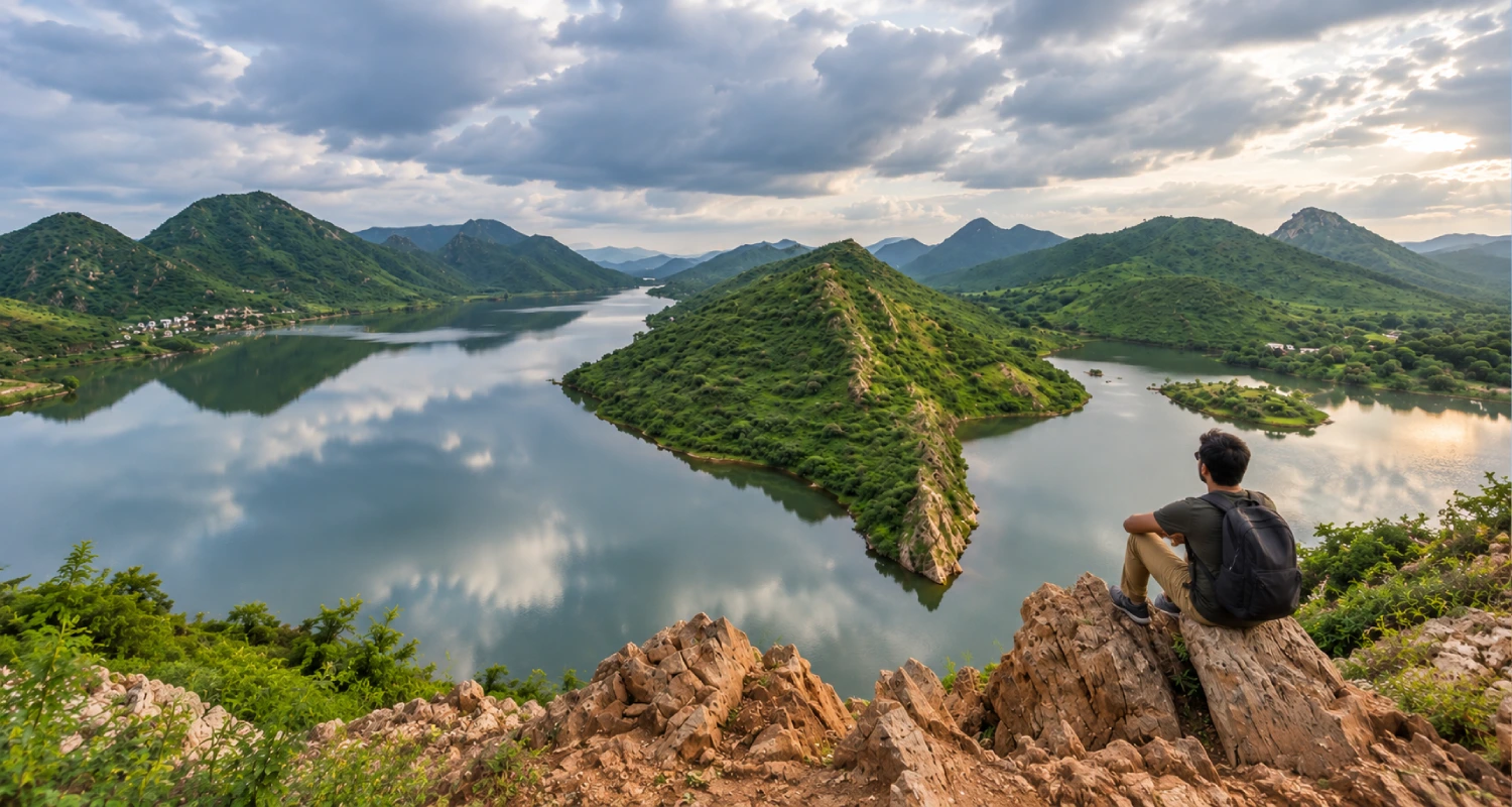 Badi Lake Udaipur surrounded by Aravalli Hills