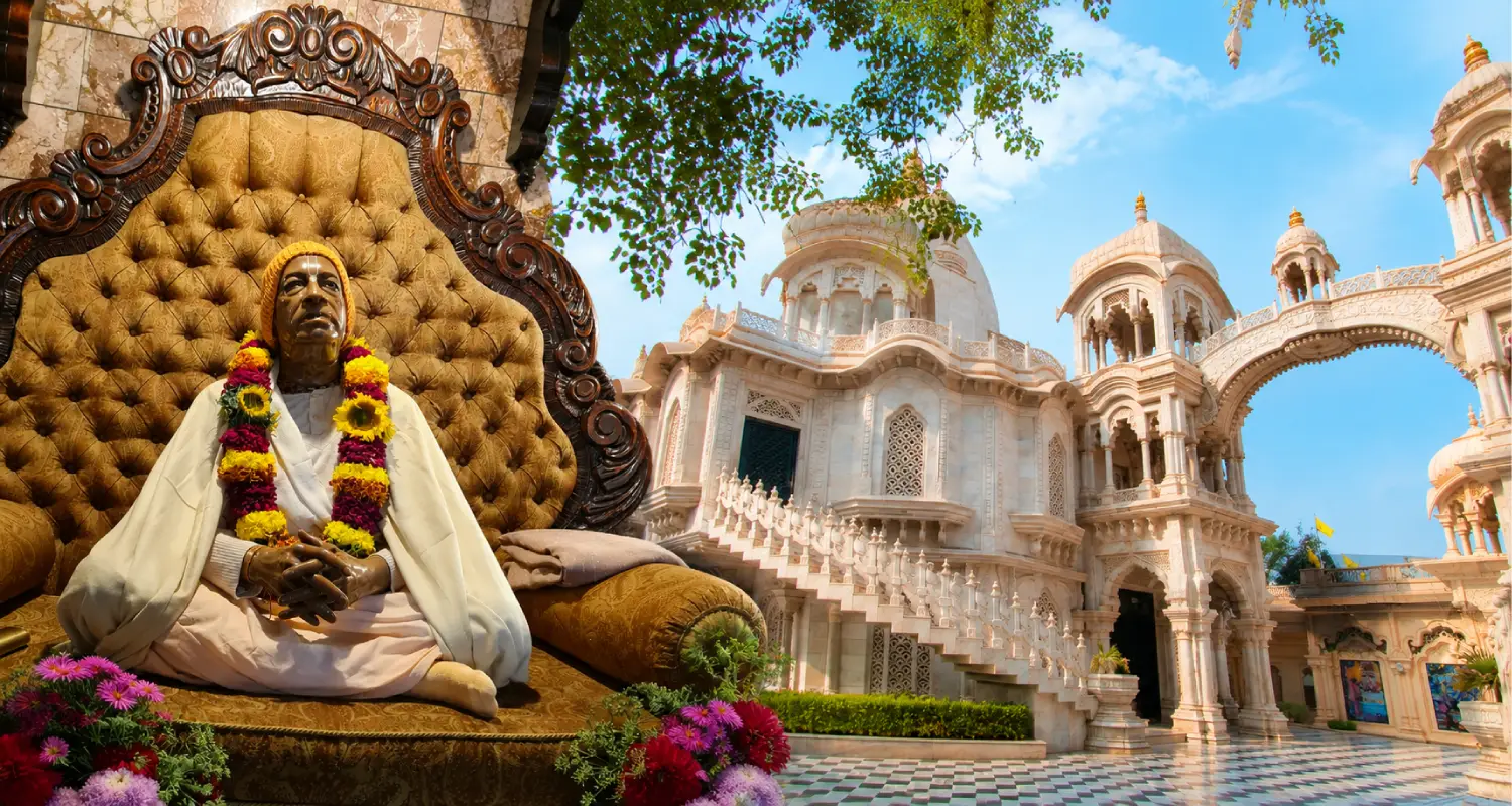 ISKCON Temple Vrindavan and Srila Prabhupada statue with beautiful temple architecture