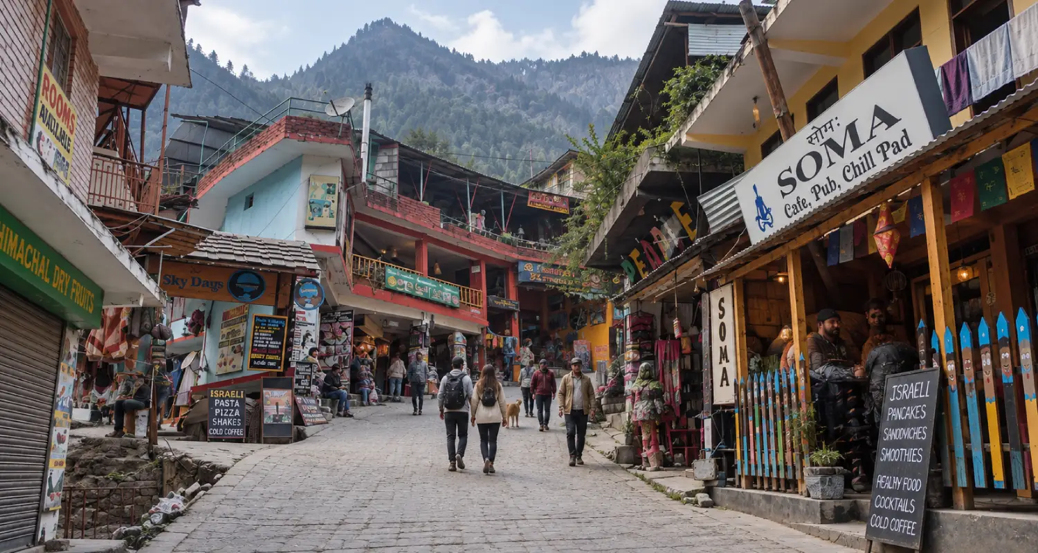 Cafés and shops along Old Manali Market