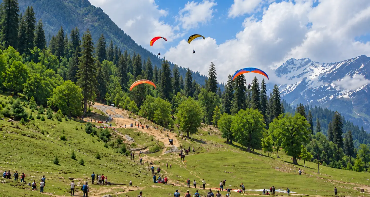 Green slopes and mountain scenery in Solang Valley near Manali