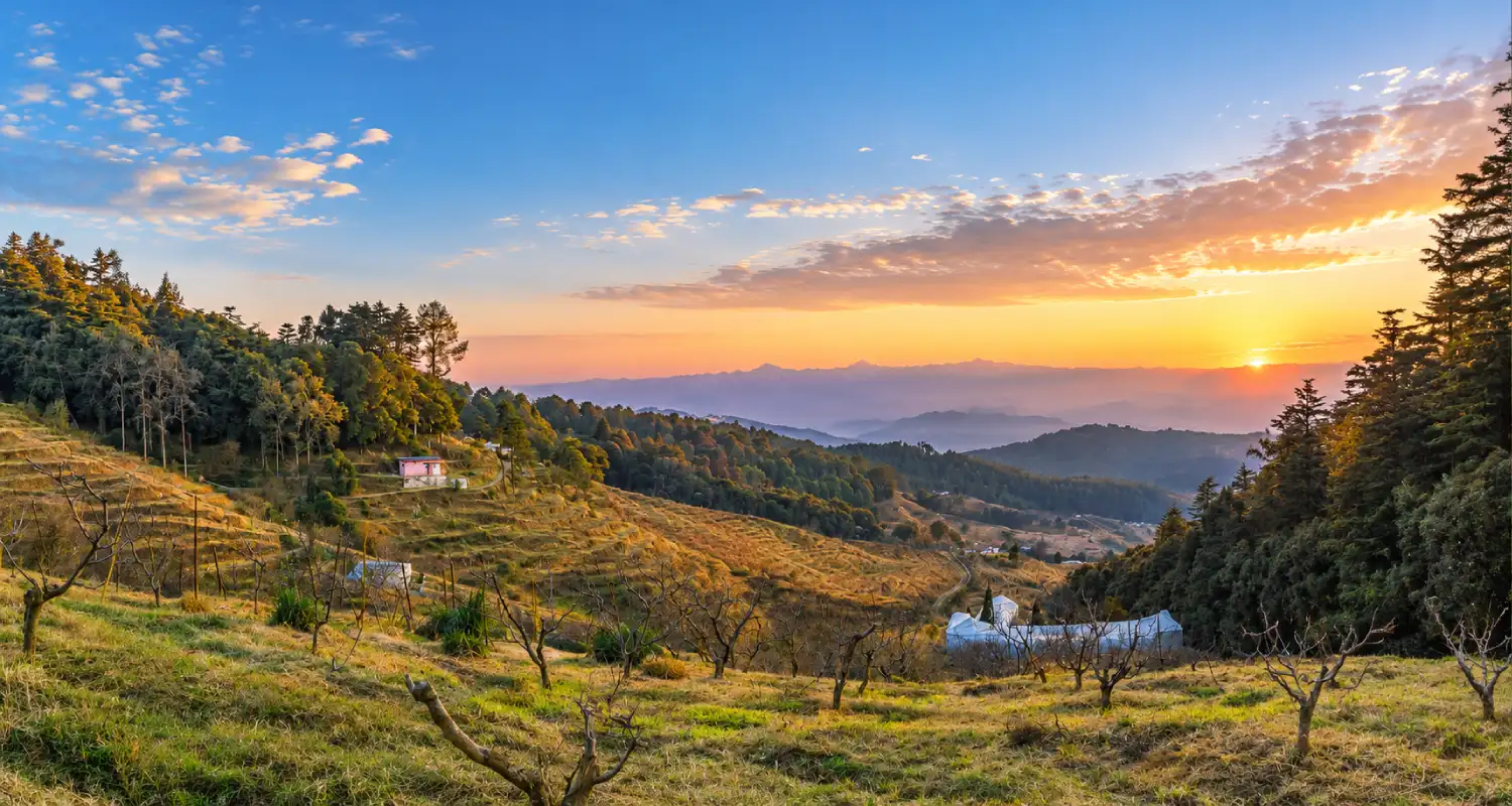 Ranikhet Hill Station Tour Packages Sunset over the hills of Ranikhet, Uttarakhand