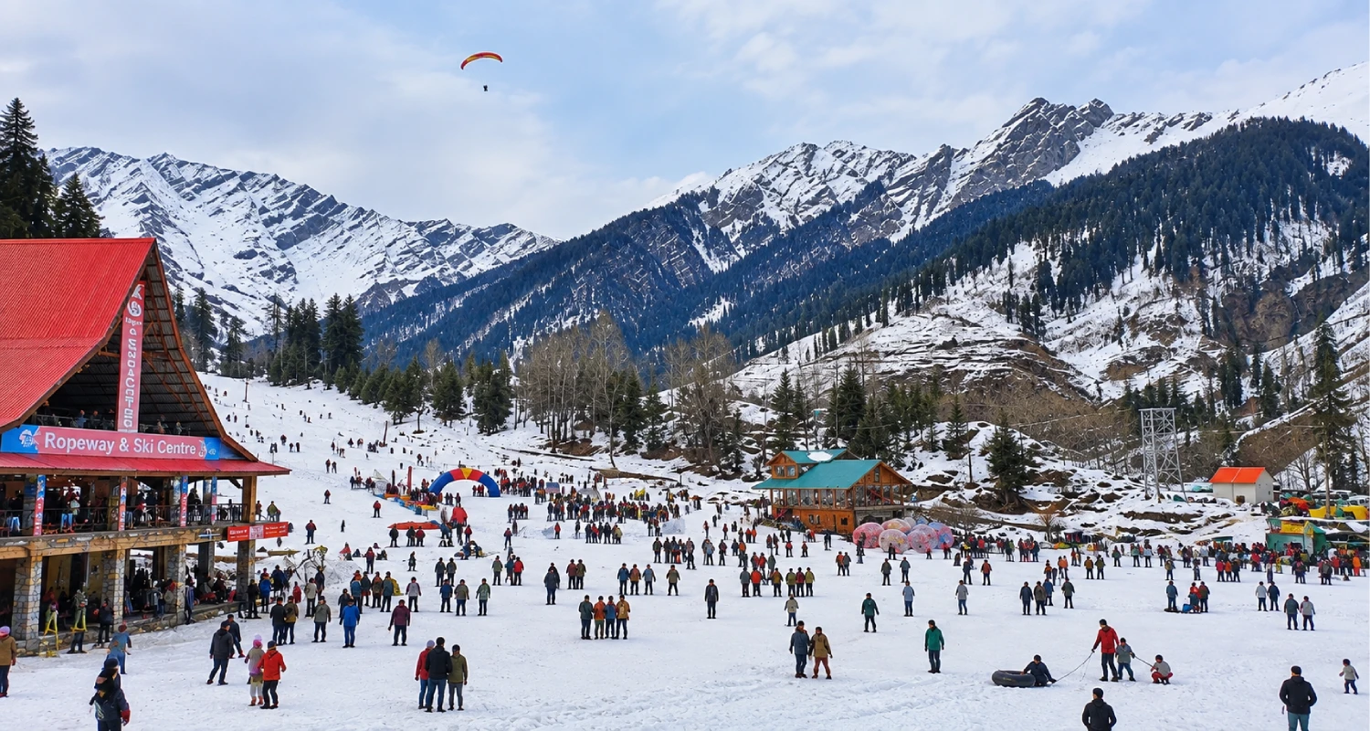 Manali hill station with snow-covered mountains in Himachal Pradesh