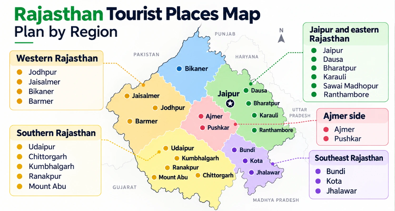 Rajasthan Tourist Places Map: Plan by Region